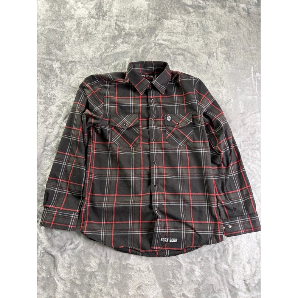 Born Scum Hellstrike Men's Casual Button-Down Shirt S Black Plaid Flannel